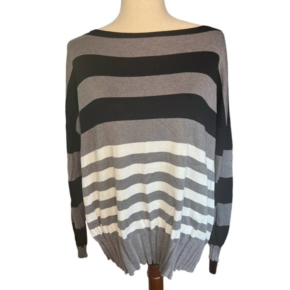 Women's Planet Boatneck Ribbed Sweater. Lightweight, Blk/White/Gray Stripe, OS - Picture 4 of 15